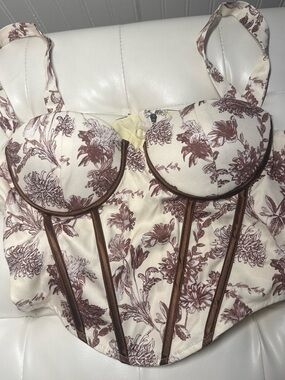Fashion Nova Floral Cream and Brown Bustier Crop Top